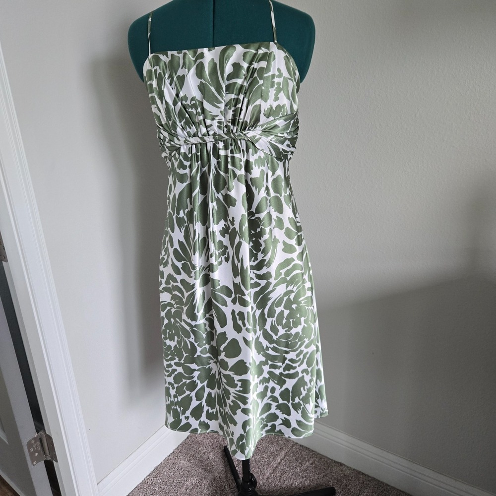 Alfred Angelo Cocktail Dress Womens 14 Green White Floral Ruched Satin Vintage